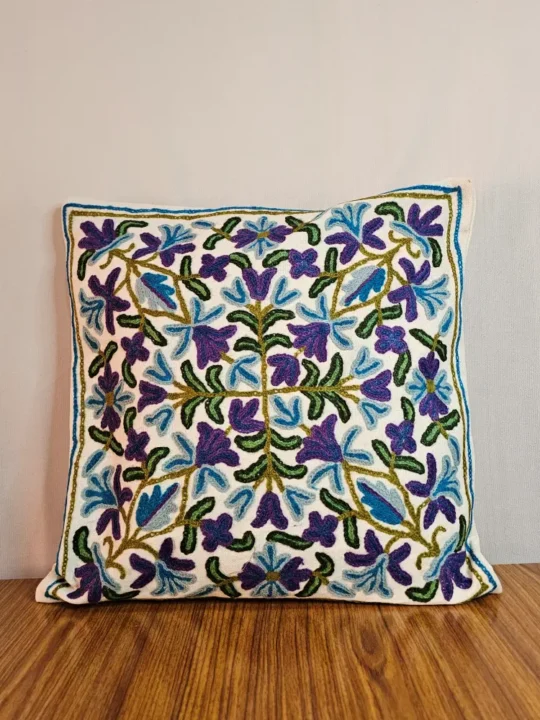 Flower Embroidered Farmhouse Decorative Throw Pillow Cover 16"x 16", Cottage Floral Green Leaves Knit Pattern, 100% Cotton Canvas Cushion Case for Sofa Couch Bedroom Decor (Blue Flowers) - Set of 2