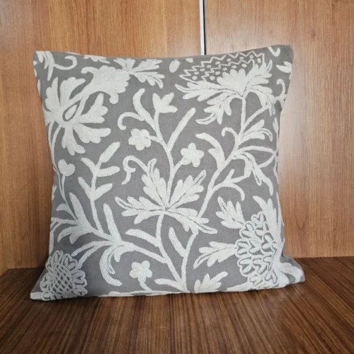 White on Grey Kashmiri Hand Embroidery Crewel Cushion Cover - Set of 2 (16x16 Inches)
