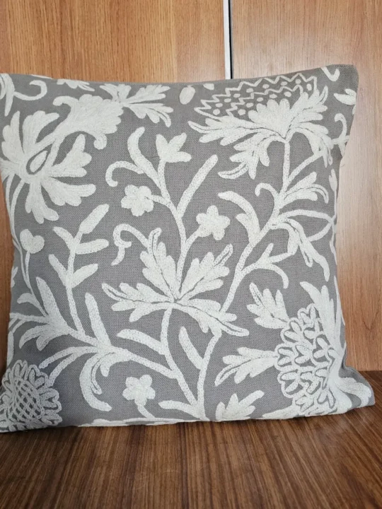 White on Grey Kashmiri Hand Embroidery Crewel Cushion Cover - Set of 2 (16x16 Inches)