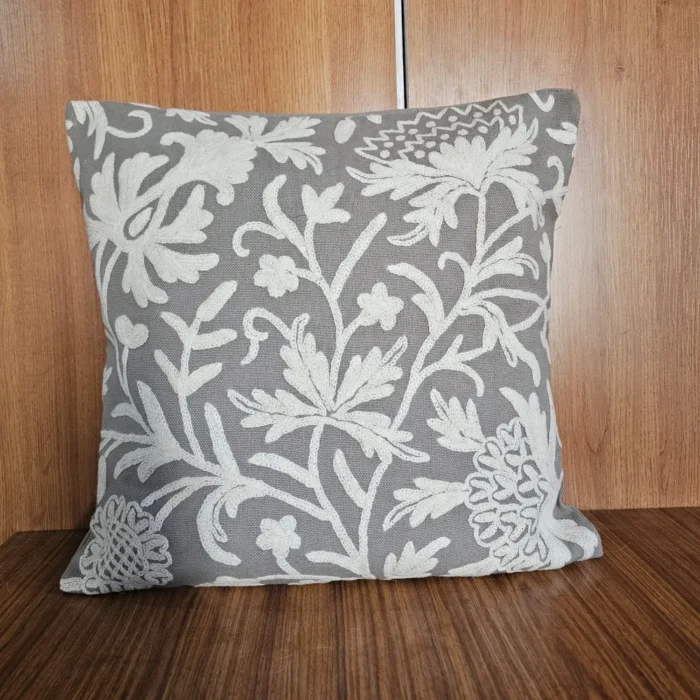 White on Grey Kashmiri Hand Embroidery Crewel Cushion Cover - Set of 2 (16x16 Inches)