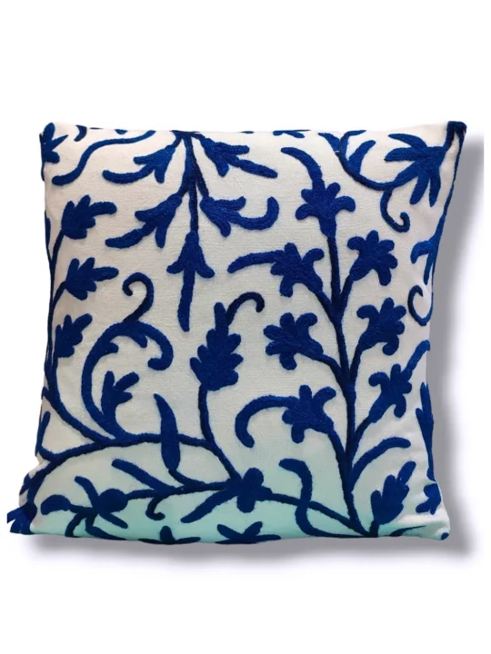 White Blue Kashmiri Hand Embroidery Crewel Cushion Cover - Set of 2 (16x16 Inches)