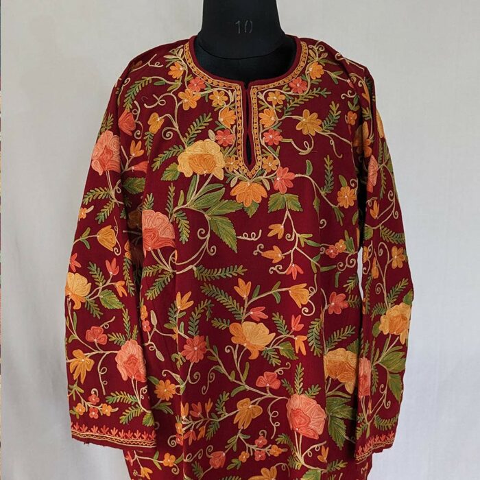 Khanyari Maroon Pure Wool Jaal Aari All Over Kashmiri Pheran - Image 2
