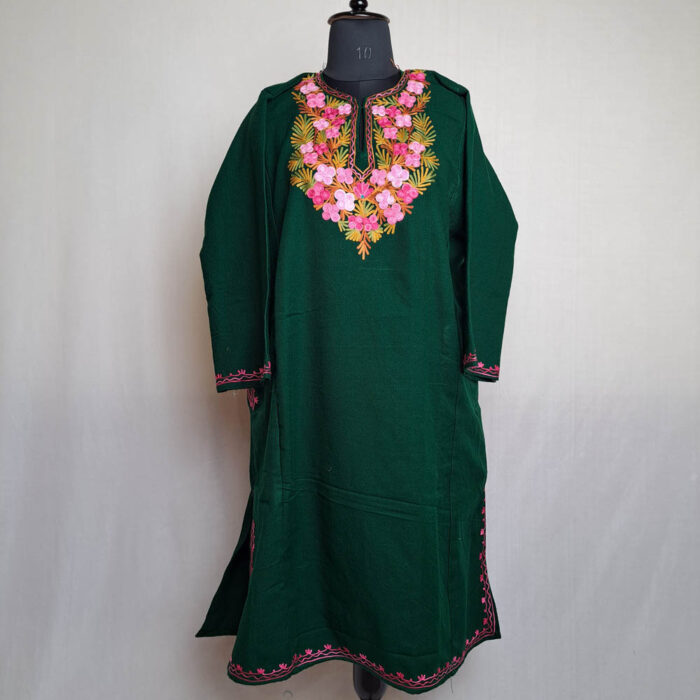 Irish Dark Green Beigh Floral Aari Work Kashmir Pheran - Image 2