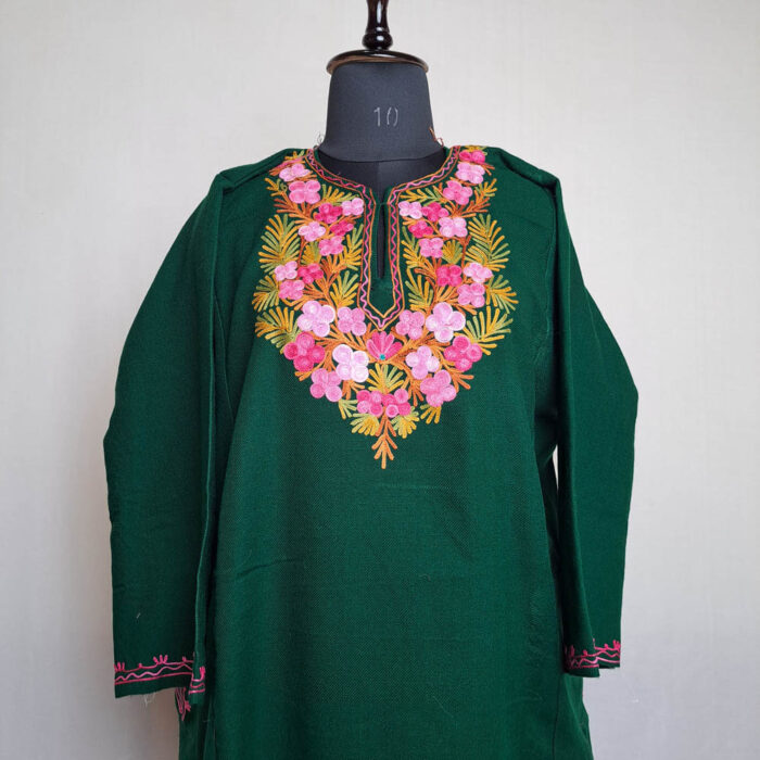 Irish Dark Green Beigh Floral Aari Work Kashmir Pheran
