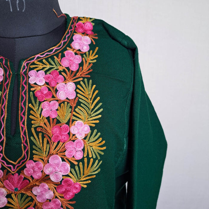 Irish Dark Green Beigh Floral Aari Work Kashmir Pheran - Image 3