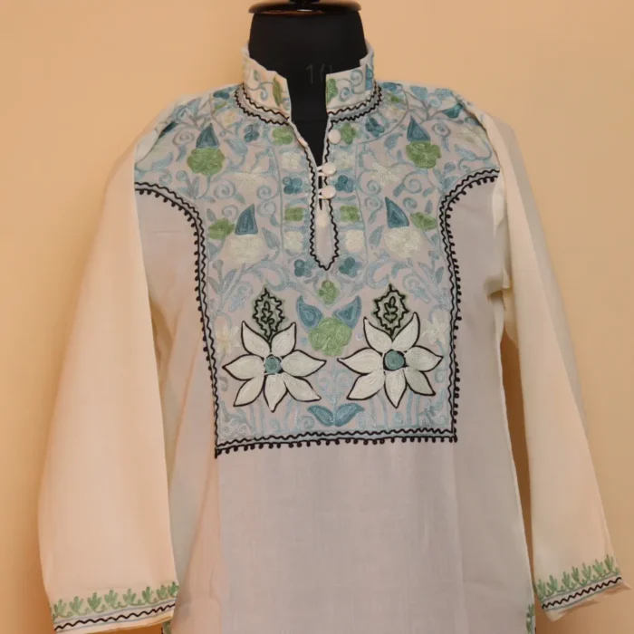 Precious White Summer Cool Kashmiri Kurti with Ari Embroidery - Image 2