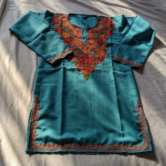 Blue Aqeel Ruby Cotton Short Kashmiri Kurti with Ari Embroidery