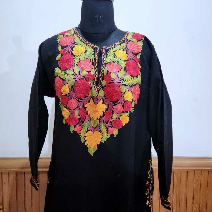Black rang mahal Goussia Kashmiri Phiran With Aari Embroidery