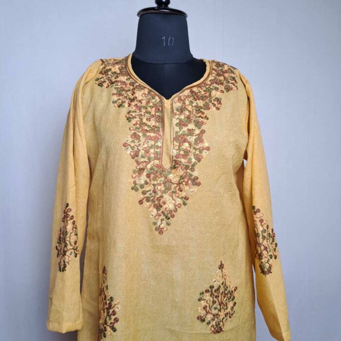 Mustard Yellow Barbara Crush Cotton Kashmiri Co-ord Suit Set - Image 2