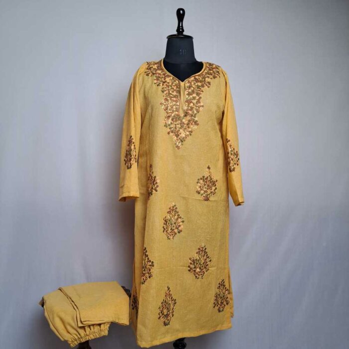 Mustard Yellow Barbara Crush Cotton Kashmiri Co-ord Suit Set