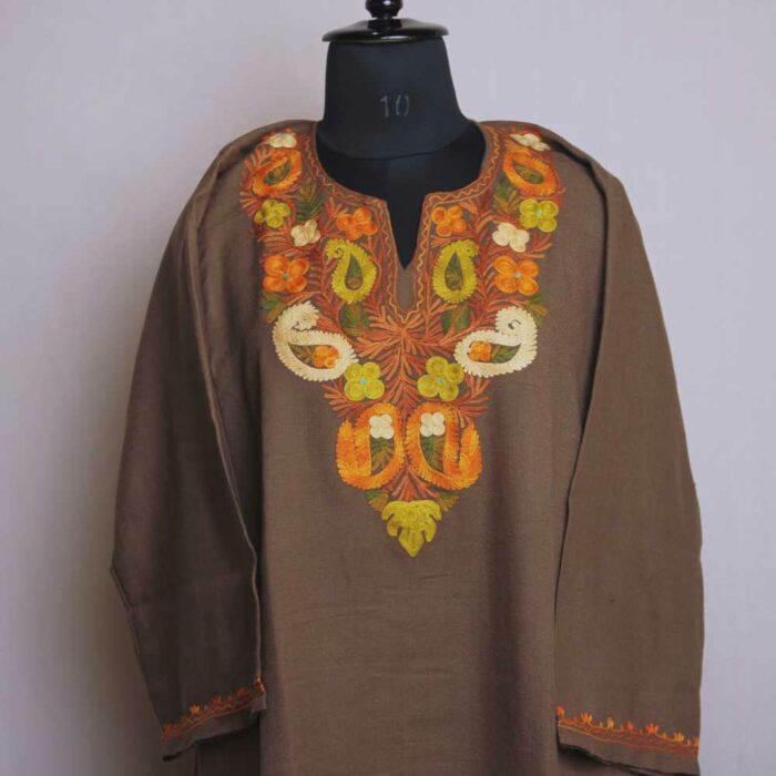 Beige Brown Badami Izband Kashmiri Pheran With Aari Embroidery - Image 3