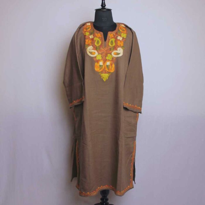 Beige Brown Badami Izband Kashmiri Pheran With Aari Embroidery