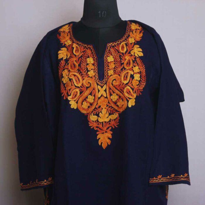 Blue Badami Izband Chinar Kashmiri Pheran With Aari Embroidery - Image 2