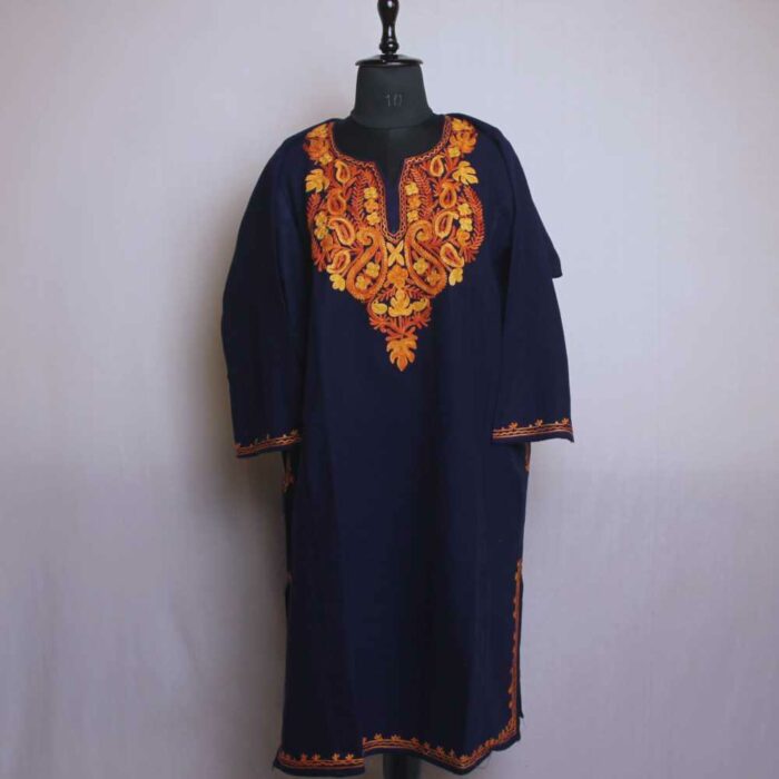 Blue Badami Izband Chinar Kashmiri Pheran With Aari Embroidery