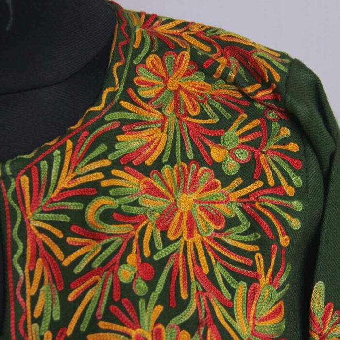 Green Izbandh Kashmir Pheran With Front Back Embroidery - Image 3