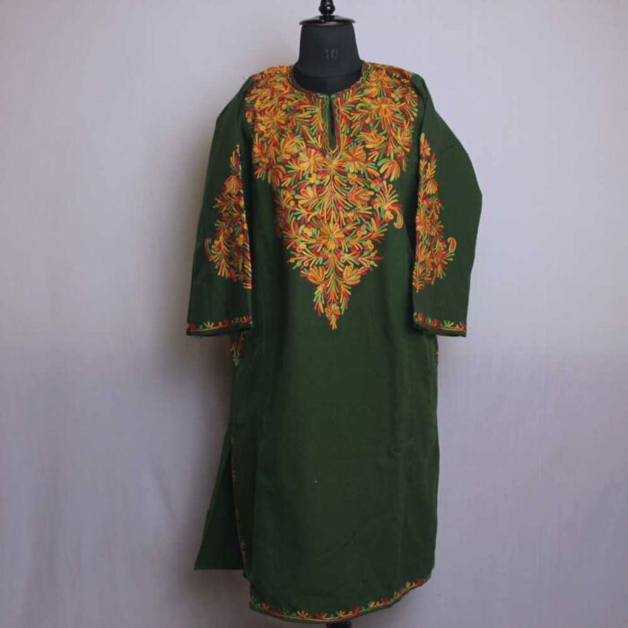 Green Izbandh Kashmir Pheran With Front Back Embroidery