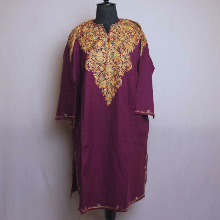 Purple Izbandh Kashmir Pheran With Front Back Embroidery