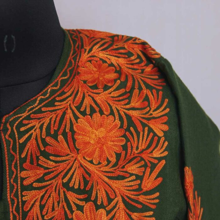 Green Izbandh Brown Kashmir Pheran With Front Back Embroidery - Image 2