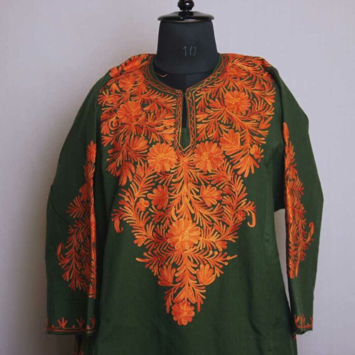 Green Izbandh Brown Kashmir Pheran With Front Back Embroidery - Image 3