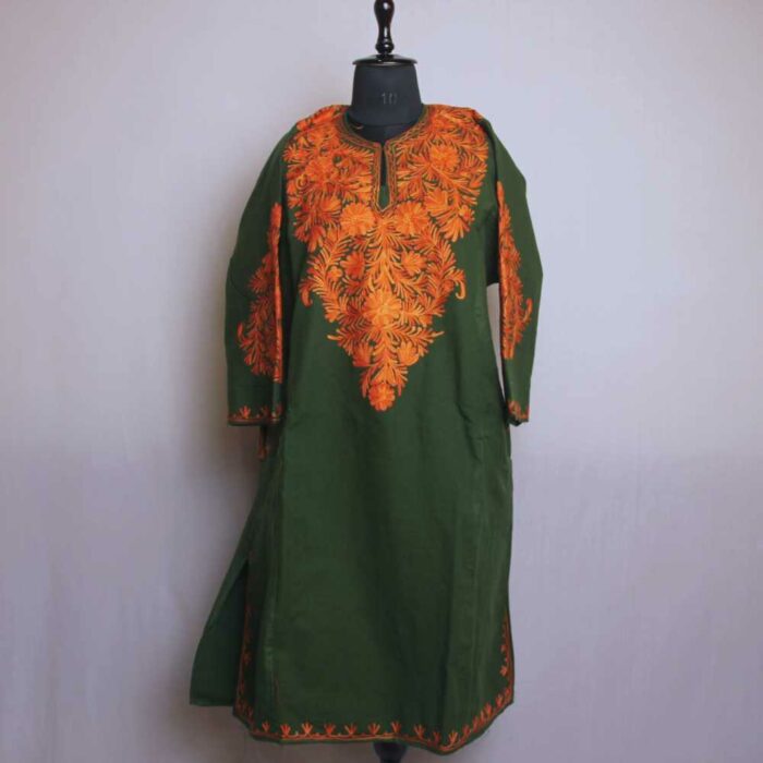 Green Izbandh Brown Kashmir Pheran With Front Back Embroidery
