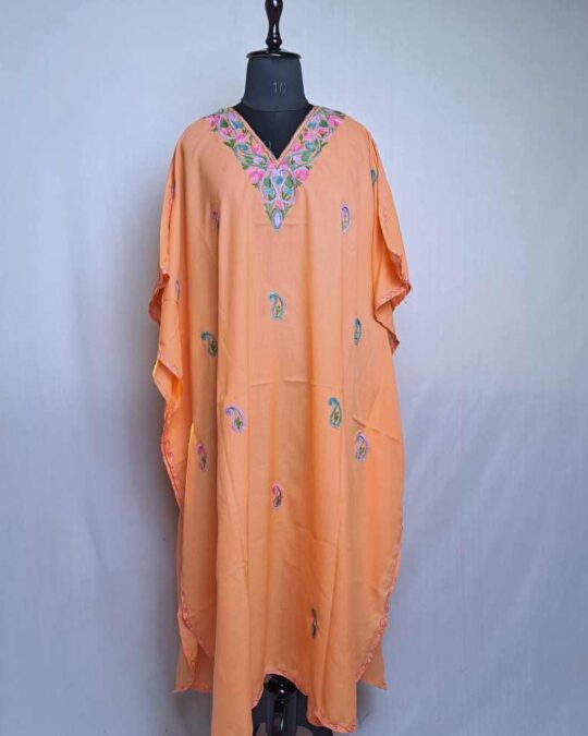 Peach Aqeelam Long Kashmiri Kaftan with Aari Embroidery