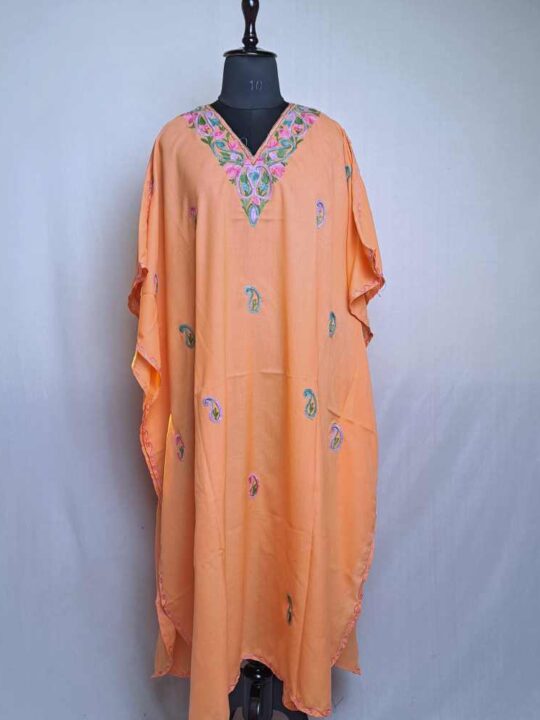 Peach Aqeelam Long Kashmiri Kaftan with Aari Embroidery