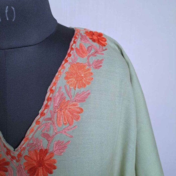 Light Green Aqeelam Kashmiri Kaftan with Aari Embroidery - Image 3