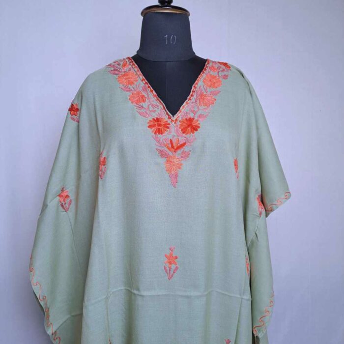 Light Green Aqeelam Kashmiri Kaftan with Aari Embroidery - Image 2