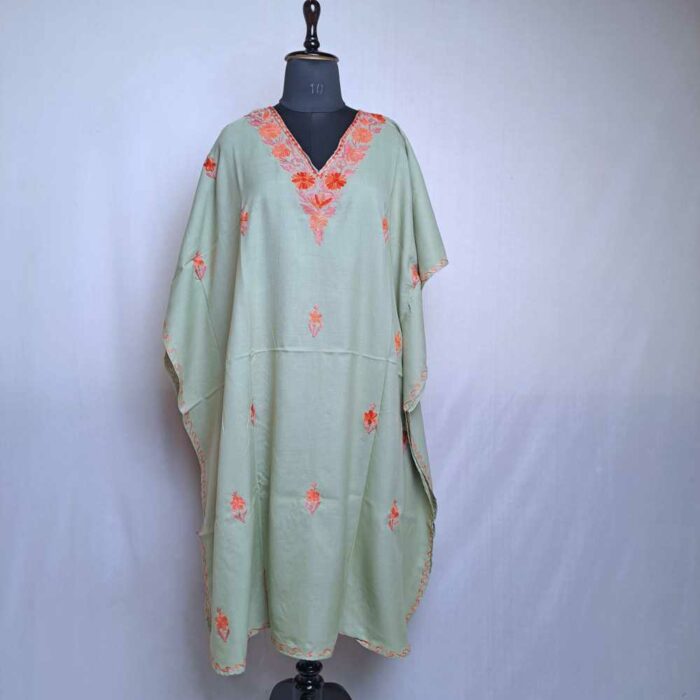 Light Green Aqeelam Kashmiri Kaftan with Aari Embroidery