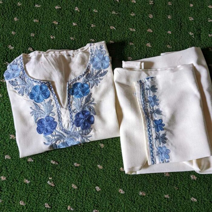 Mouji White Border Posh Kashmiri Aari Work Kids Summer Kurta With Trousers (L 27.5) - Image 2