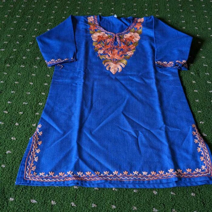 Mouji Blue Kashmiri Aari Work Kids Summer Kurta With Trousers (L 26.5) - Image 2