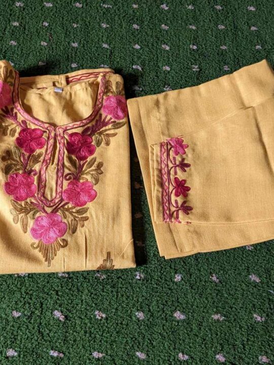 Mouji yellow Kashmiri Aari Work Kids Summer Kurta With Trousers (3-4)