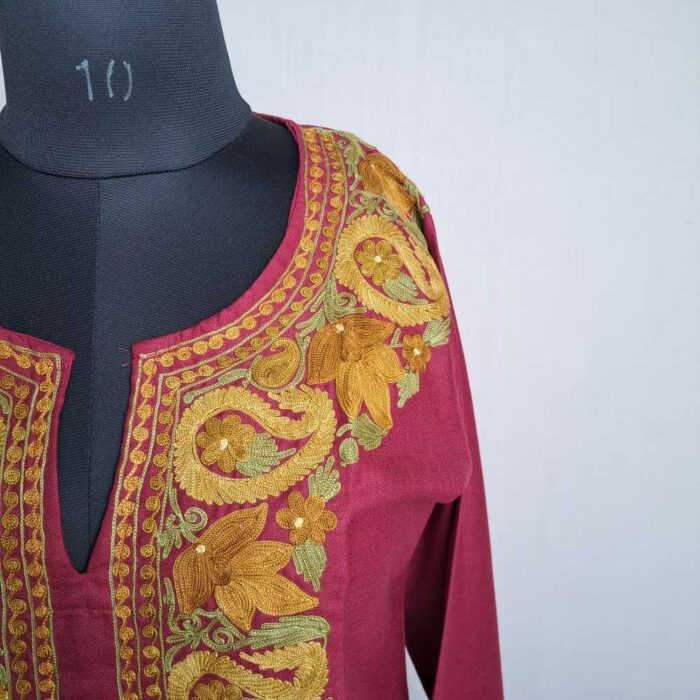 Magenta Pink Asma Badami Neck Cotton Kashmiri Kurti with Ari Embroidery - Image 2