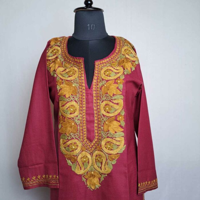 Magenta Pink Asma Badami Neck Cotton Kashmiri Kurti with Ari Embroidery - Image 3
