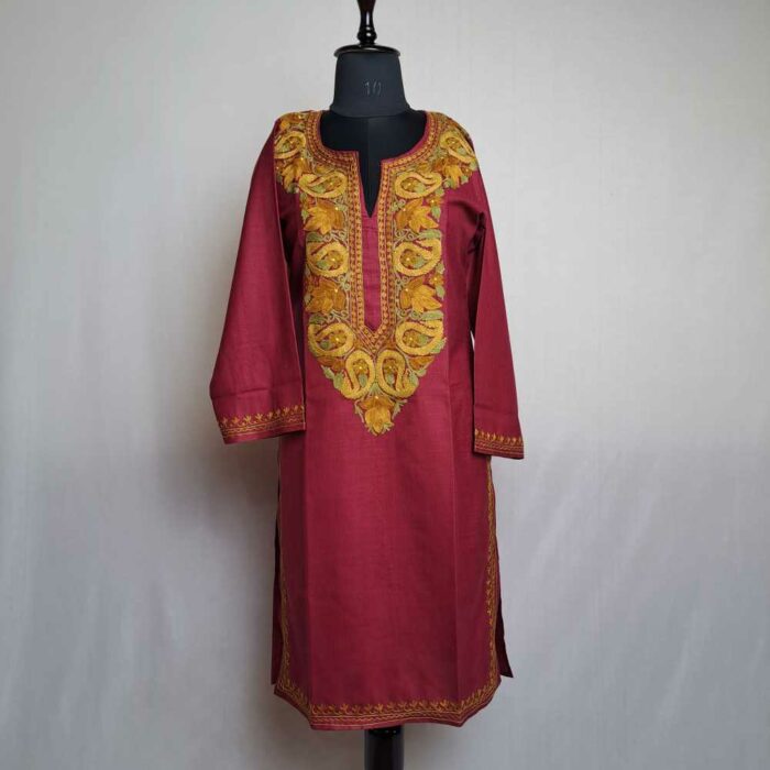 Magenta Pink Asma Badami Neck Cotton Kashmiri Kurti with Ari Embroidery