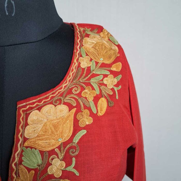 Rustic Red Asma Gulab Cotton Kashmiri Kurti with Ari Embroidery - Image 3