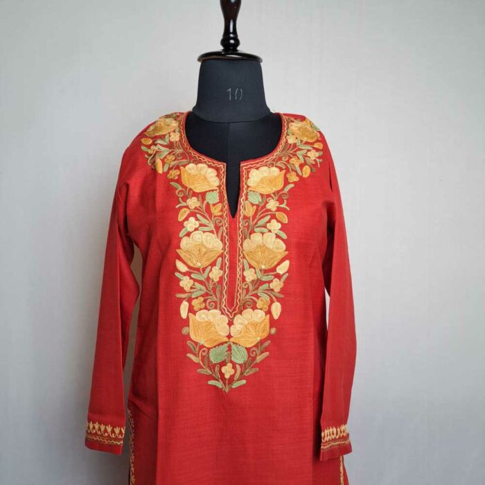 Rustic Red Asma Gulab Cotton Kashmiri Kurti with Ari Embroidery - Image 2