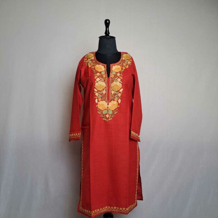 Rustic Red Asma Gulab Cotton Kashmiri Kurti with Ari Embroidery