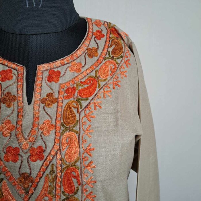 Beige Asma Ruby Cotton Kashmiri Kurti with Ari Embroidery - Image 3