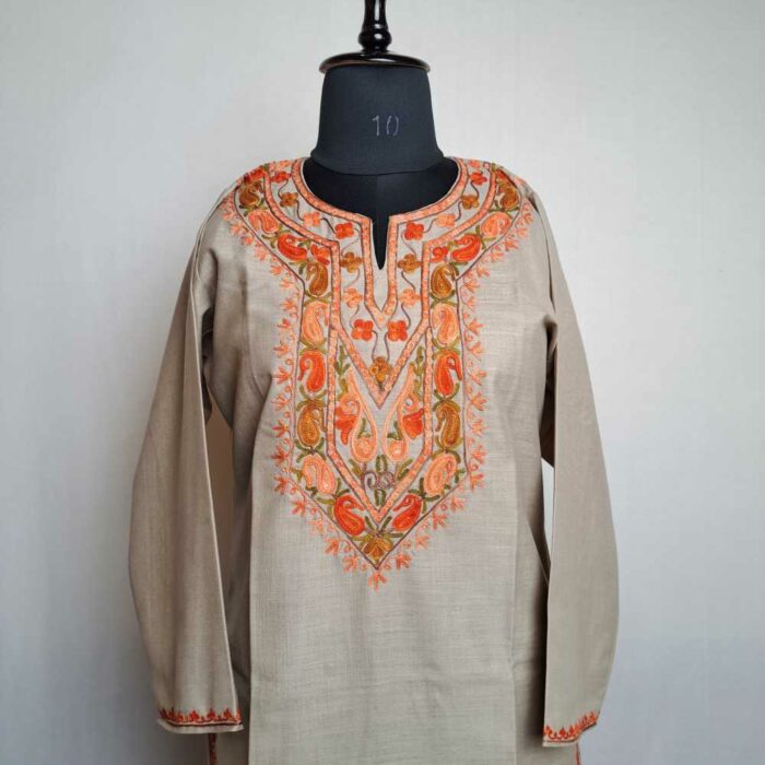 Beige Asma Ruby Cotton Kashmiri Kurti with Ari Embroidery - Image 2