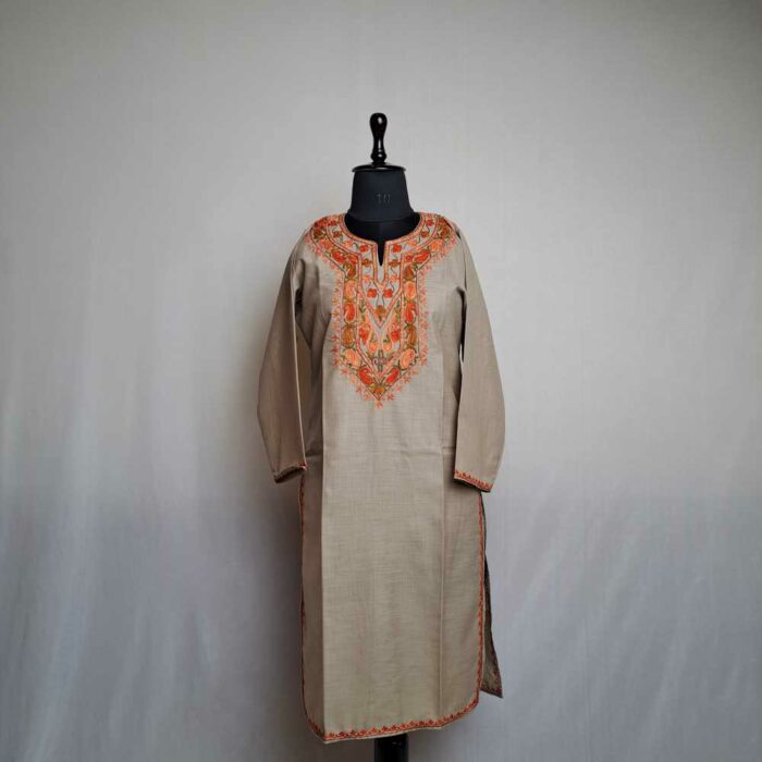 Beige Asma Ruby Cotton Kashmiri Kurti with Ari Embroidery
