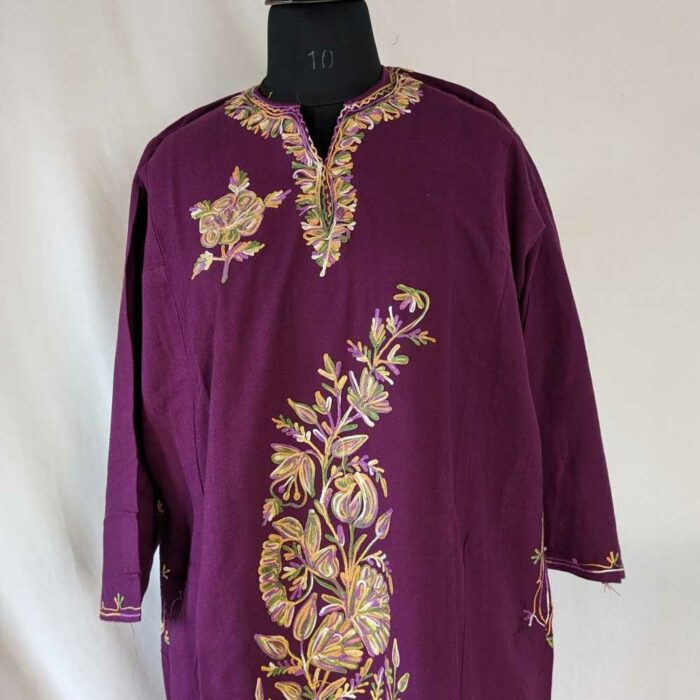 Purple Zayan Flower Daman Aari Work Kashmir Pheran - Image 2