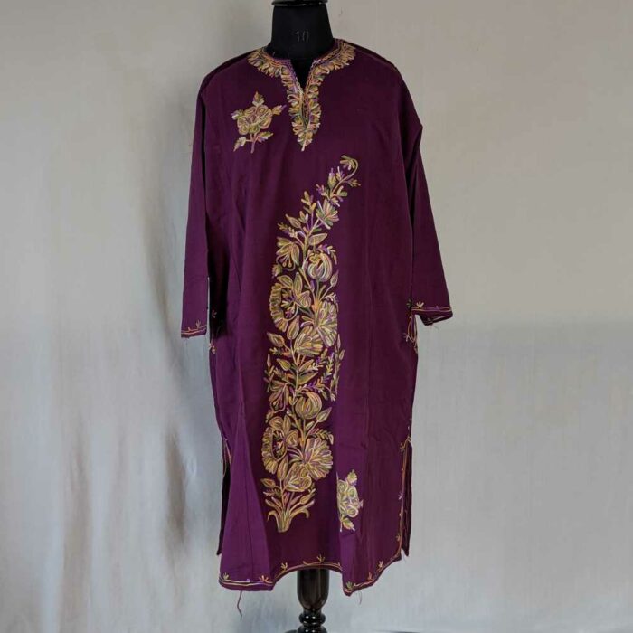 Purple Zayan Flower Daman Aari Work Kashmir Pheran