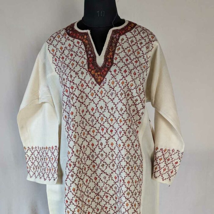 Gousia Magnificent White Pure Wool Kashmiri Sozni Pheran - Image 2