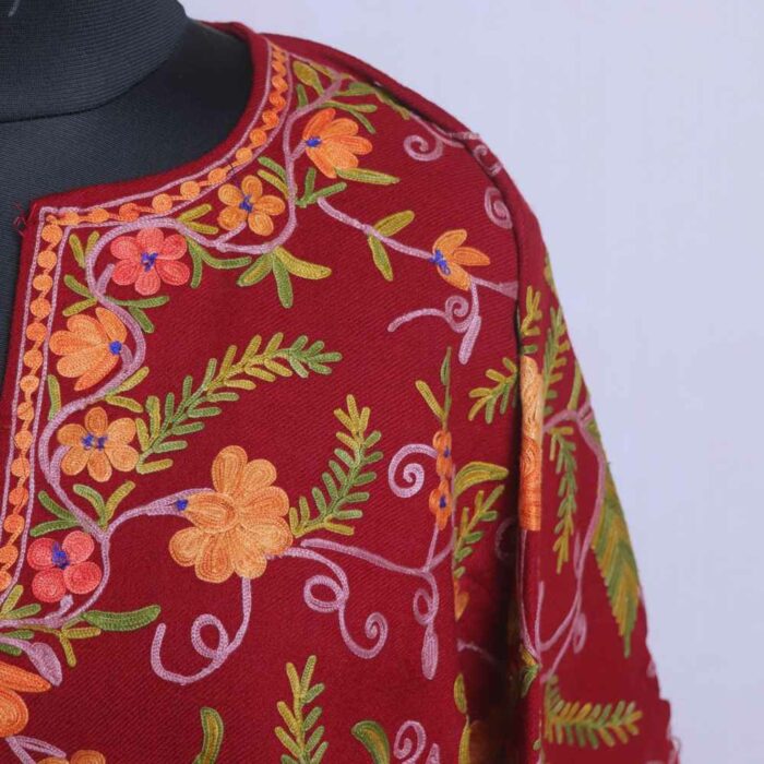 Wular Maroon Pure Wool Jaal Aari All Over Kashmiri Pheran - Image 3