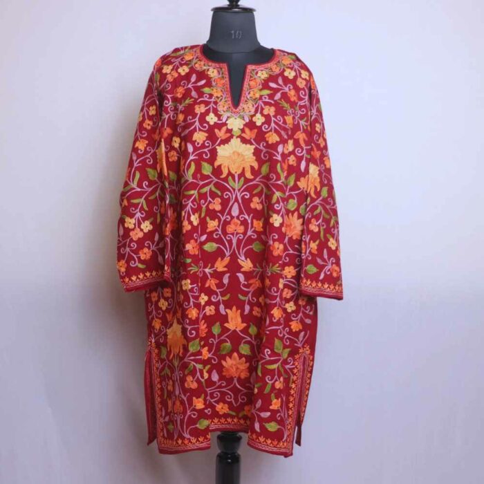 Wular Maroon Pure Wool Jaal Aari All Over Kashmiri Pheran - Image 2