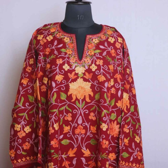 Wular Maroon Pure Wool Jaal Aari All Over Kashmiri Pheran