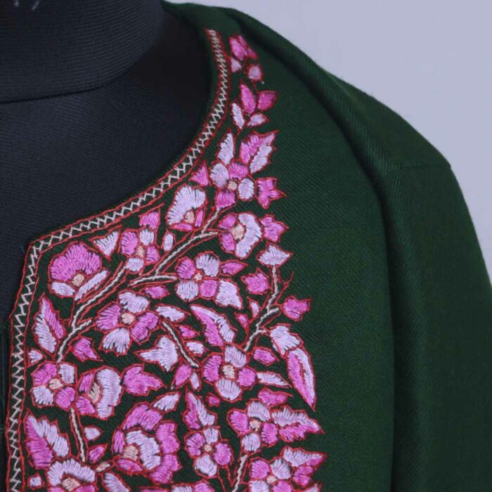Neelam Green Gulabi Pure Wool Kashmiri Sozni Paper Mache Designer Pheran - Image 3