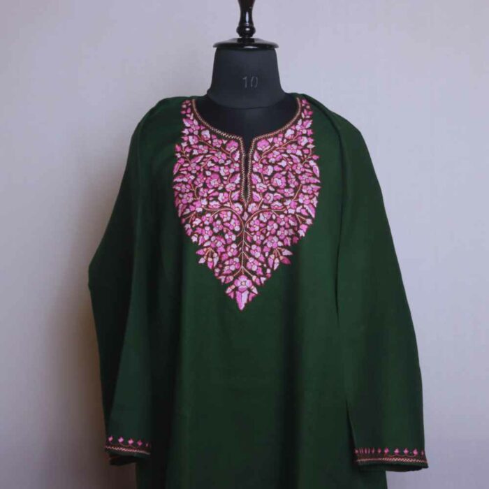 Neelam Green Gulabi Pure Wool Kashmiri Sozni Paper Mache Designer Pheran