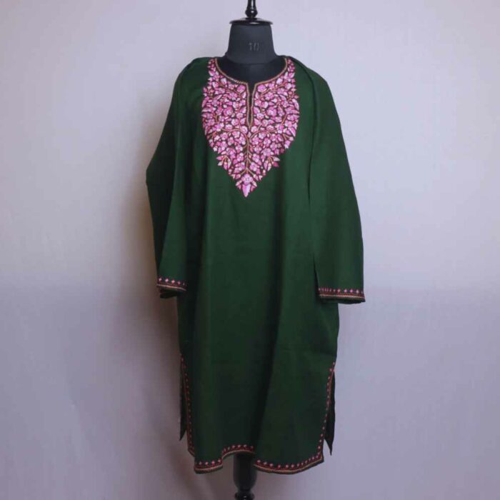 Neelam Green Gulabi Pure Wool Kashmiri Sozni Paper Mache Designer Pheran - Image 2
